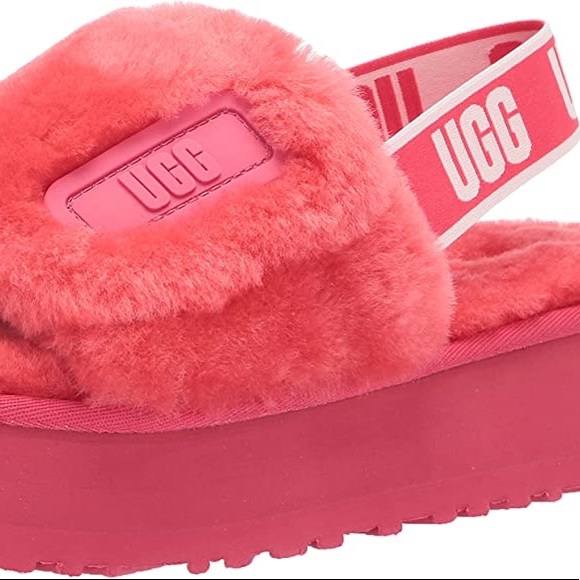 UGG Disco Slides Sandals Pink Cloud Sheepskin Fluff Fur Slingback Strap Logo - Picture 3 of 15